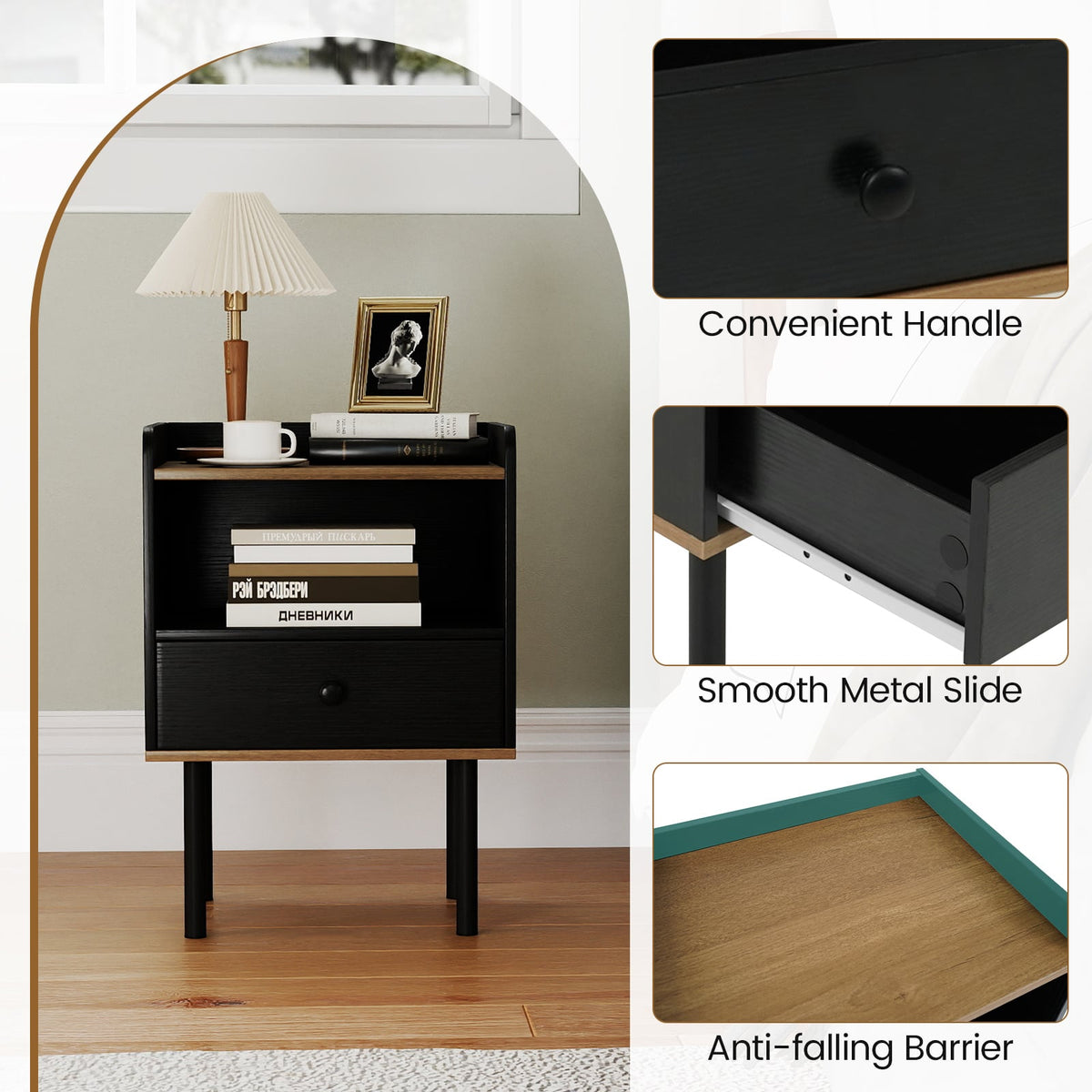 Nightstand with Drawer 3-Tier Sofa Side Table with Open Storage Shelf-Black-Nightstands-DECOROLALA