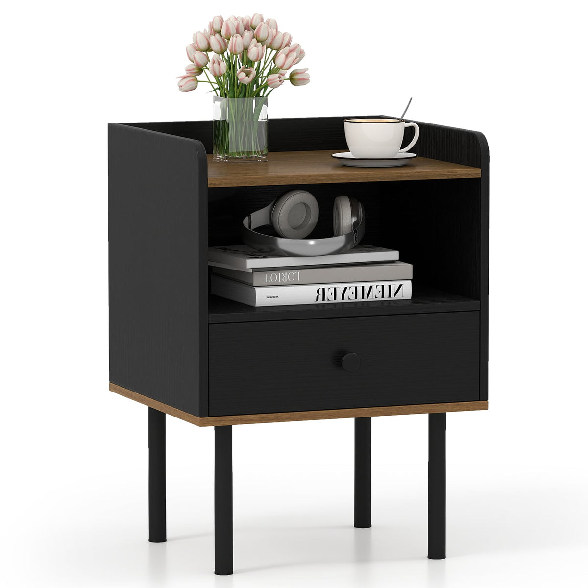 Nightstand with Drawer 3-Tier Sofa Side Table with Open Storage Shelf-Black-Nightstands-DECOROLALA