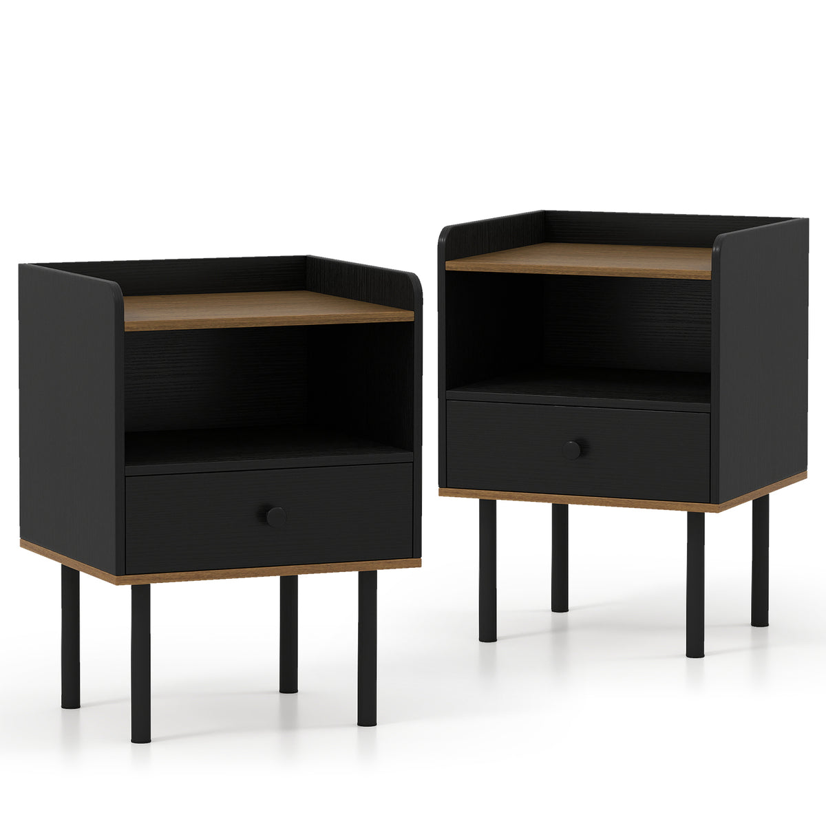 Nightstand with Drawer 3-Tier Sofa Side Table with Open Storage Shelf Set of 2-Black-Nightstands-DECOROLALA
