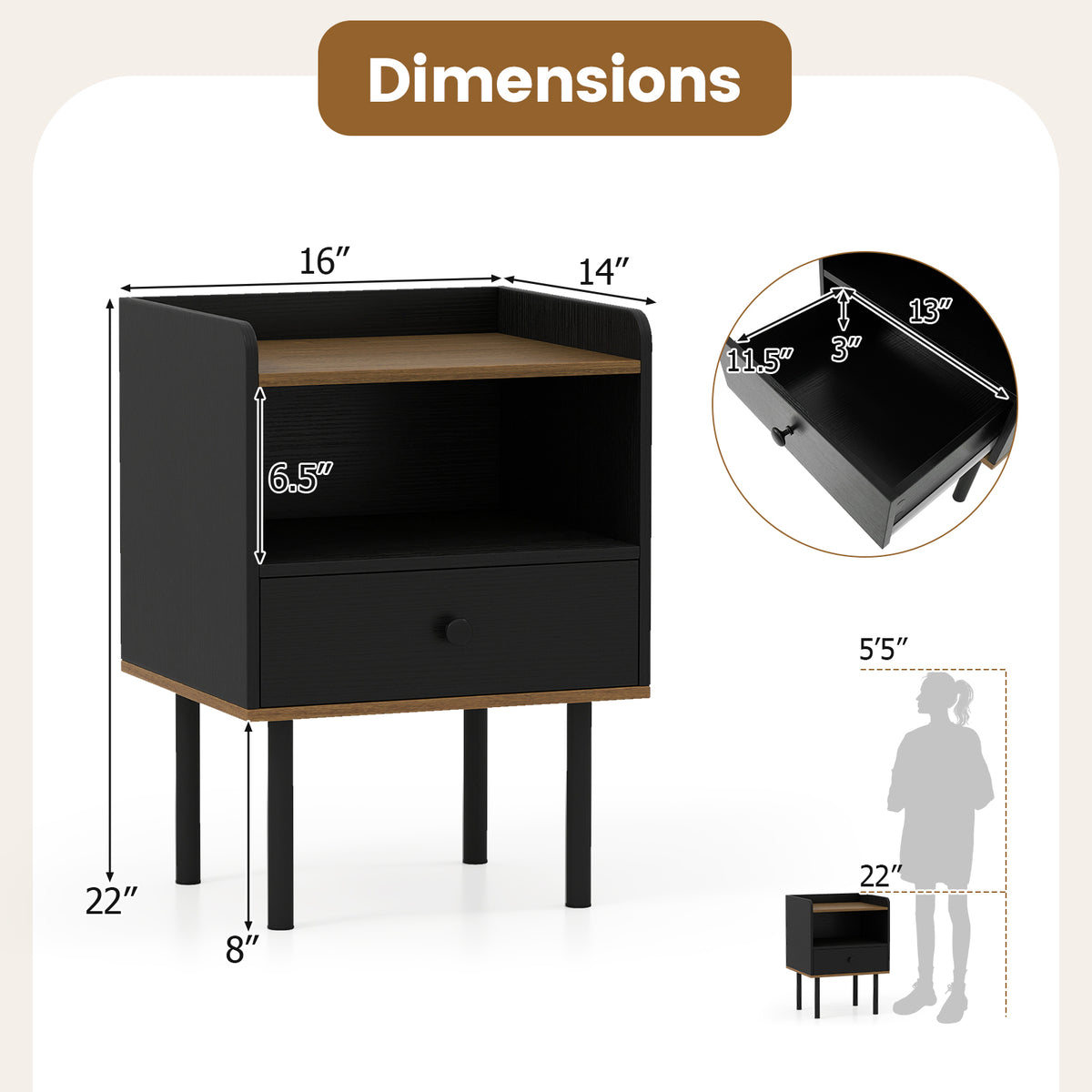Nightstand with Drawer 3-Tier Sofa Side Table with Open Storage Shelf Set of 2-Black-Nightstands-DECOROLALA