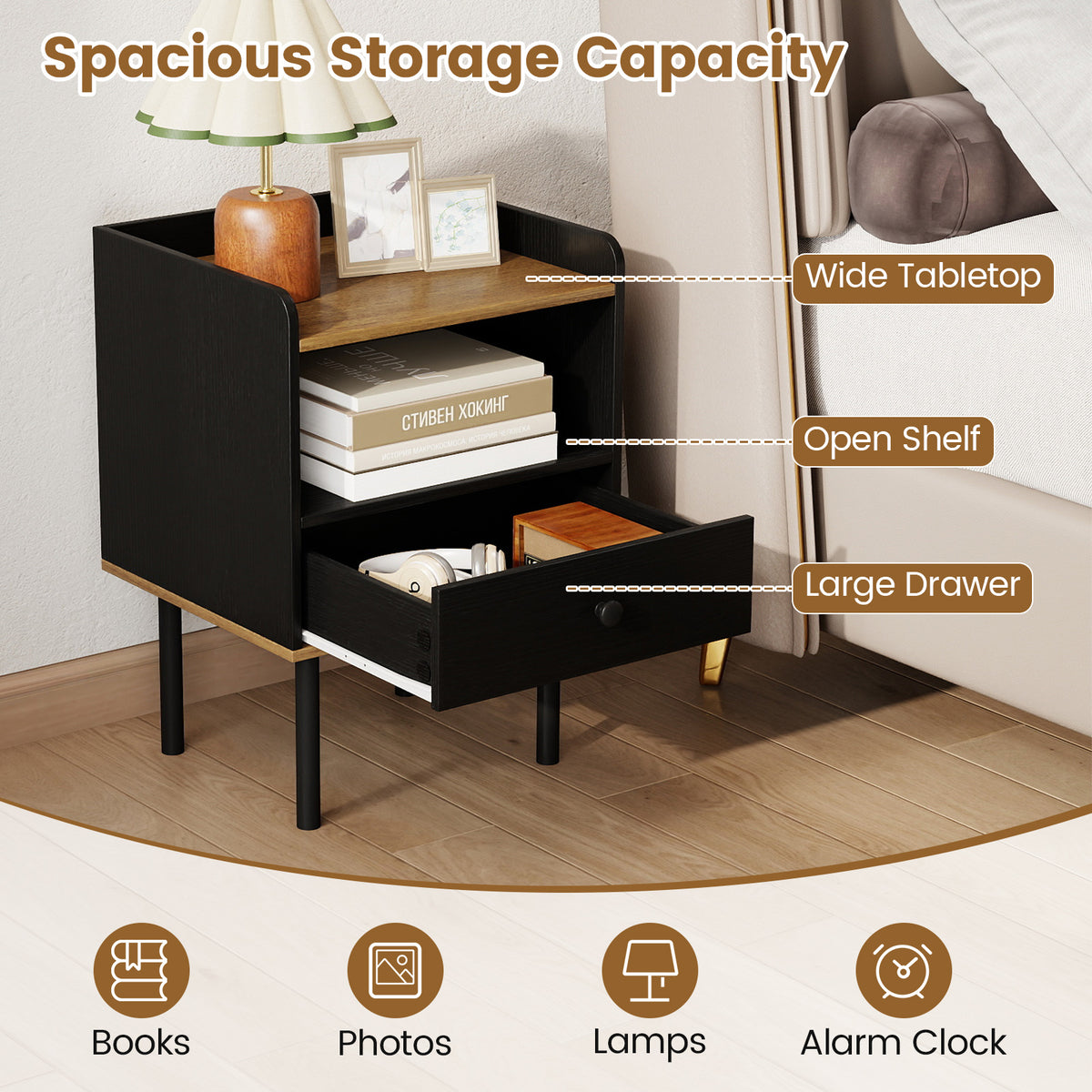 Nightstand with Drawer 3-Tier Sofa Side Table with Open Storage Shelf Set of 2-Black-Nightstands-DECOROLALA