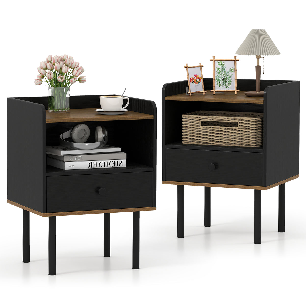 Nightstand with Drawer 3-Tier Sofa Side Table with Open Storage Shelf Set of 2-Black-Nightstands-DECOROLALA