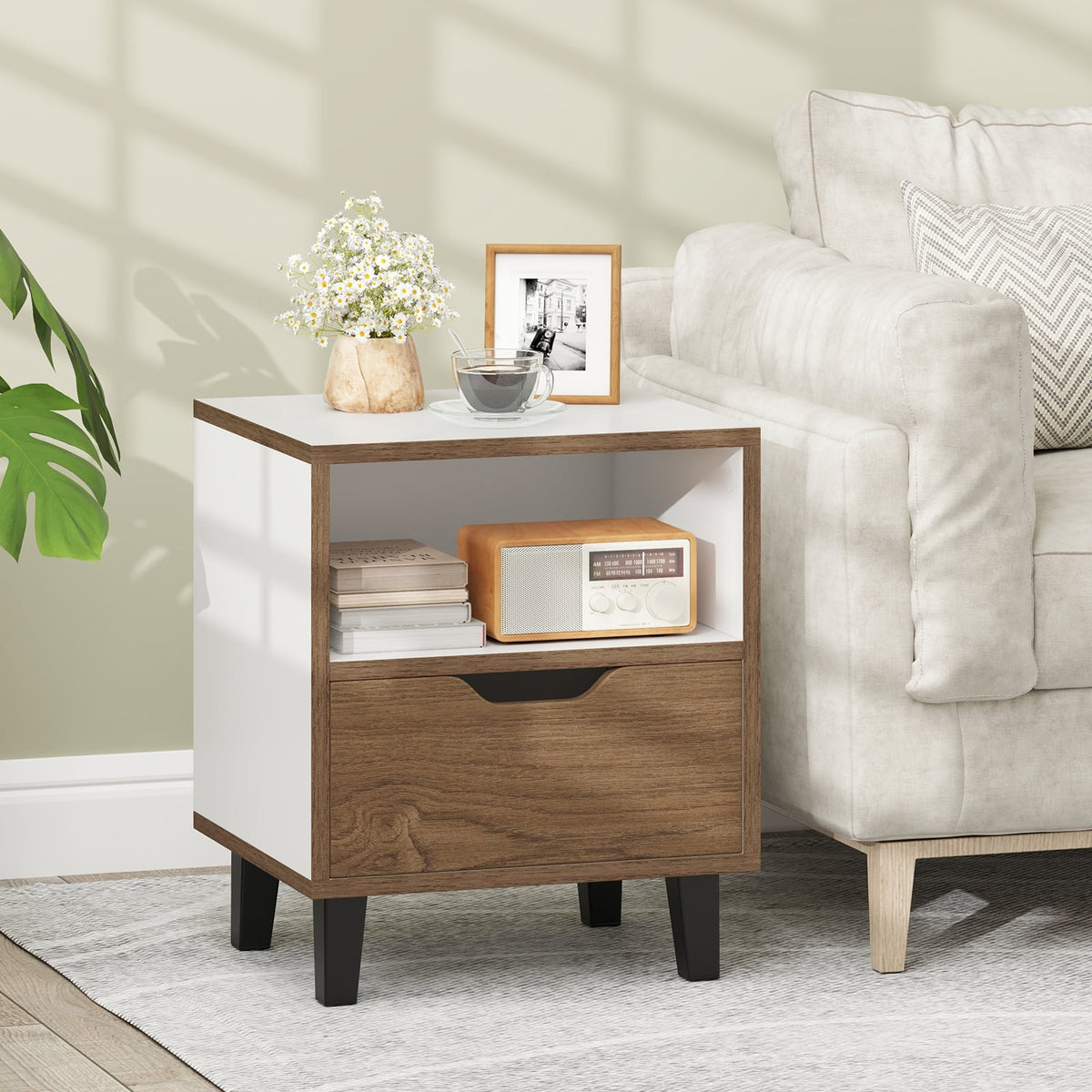 Nightstand with Drawer and Open Storage Shelf for Bedroom-White-Nightstands-DECOROLALA