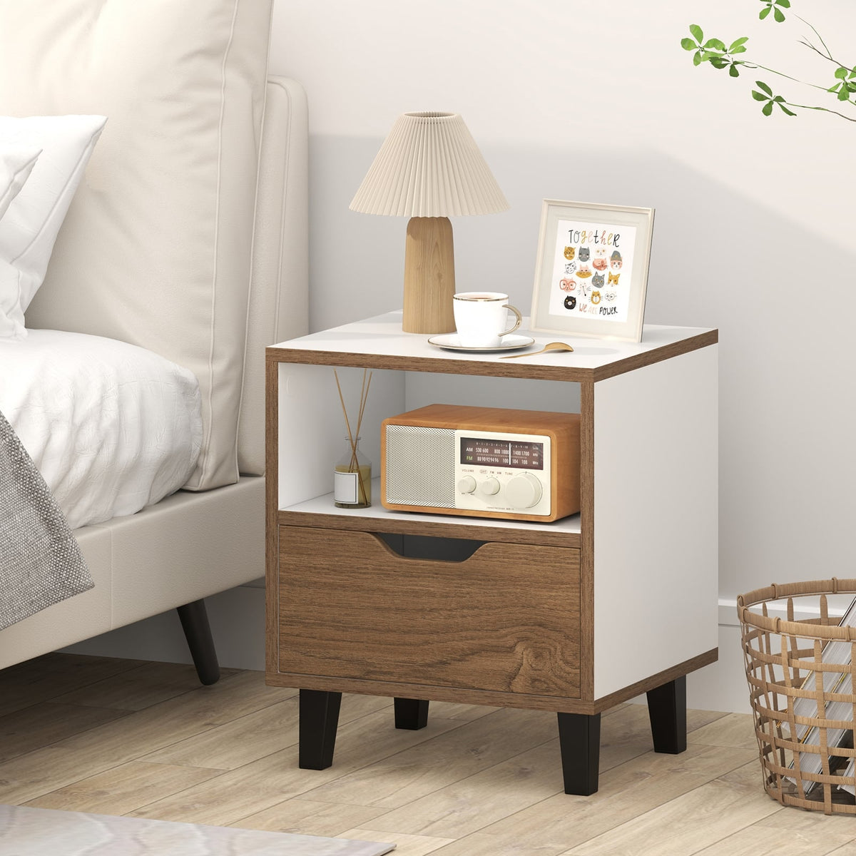 Nightstand with Drawer and Open Storage Shelf for Bedroom-White-Nightstands-DECOROLALA