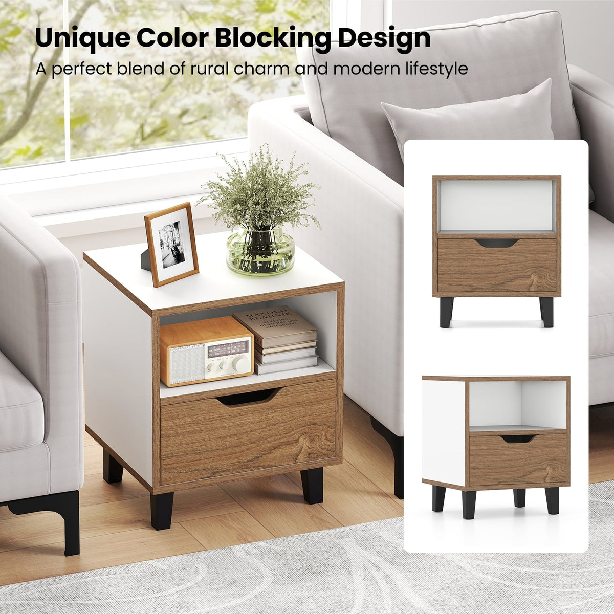 Nightstand with Drawer and Open Storage Shelf for Bedroom-White-Nightstands-DECOROLALA