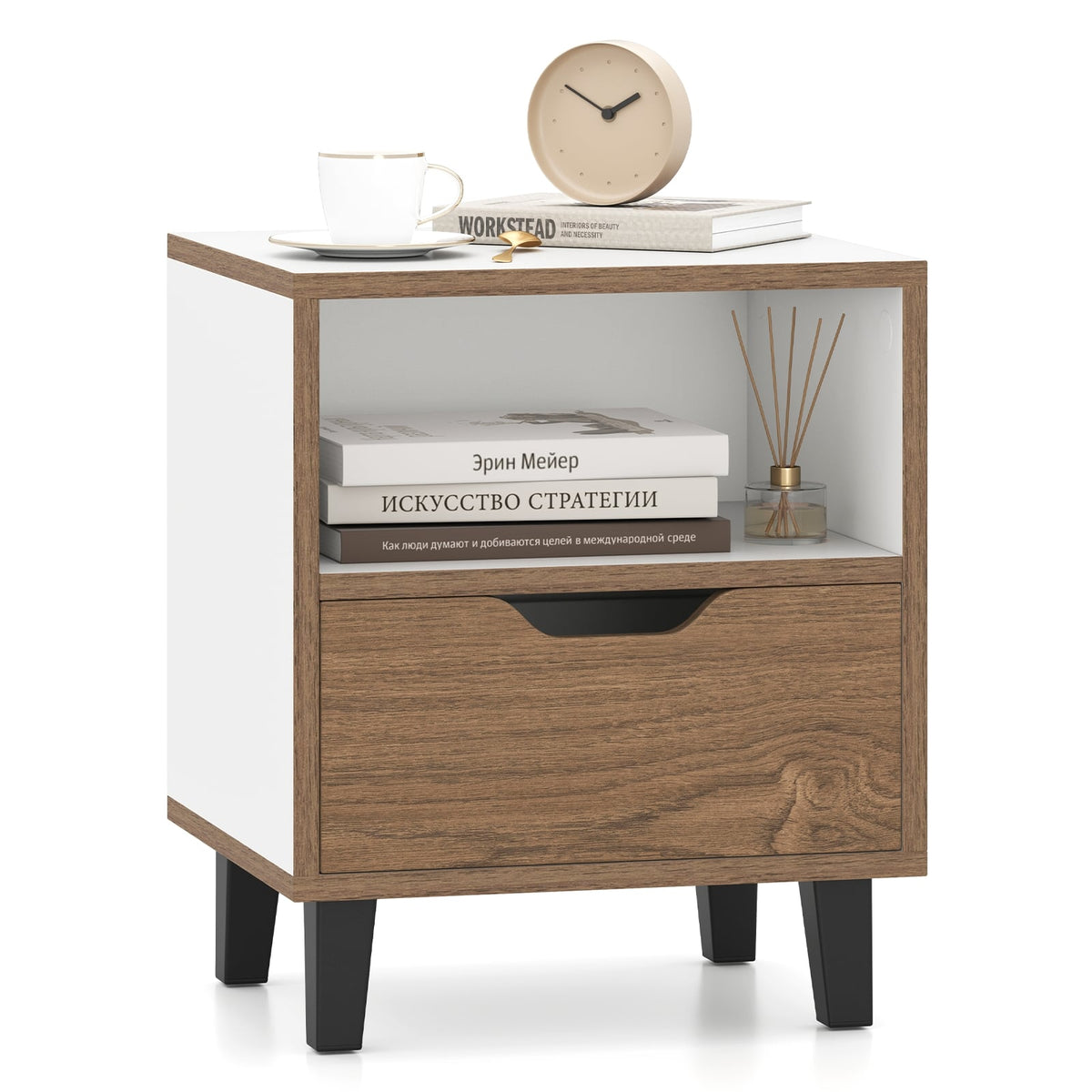 Nightstand with Drawer and Open Storage Shelf for Bedroom-White-Nightstands-DECOROLALA