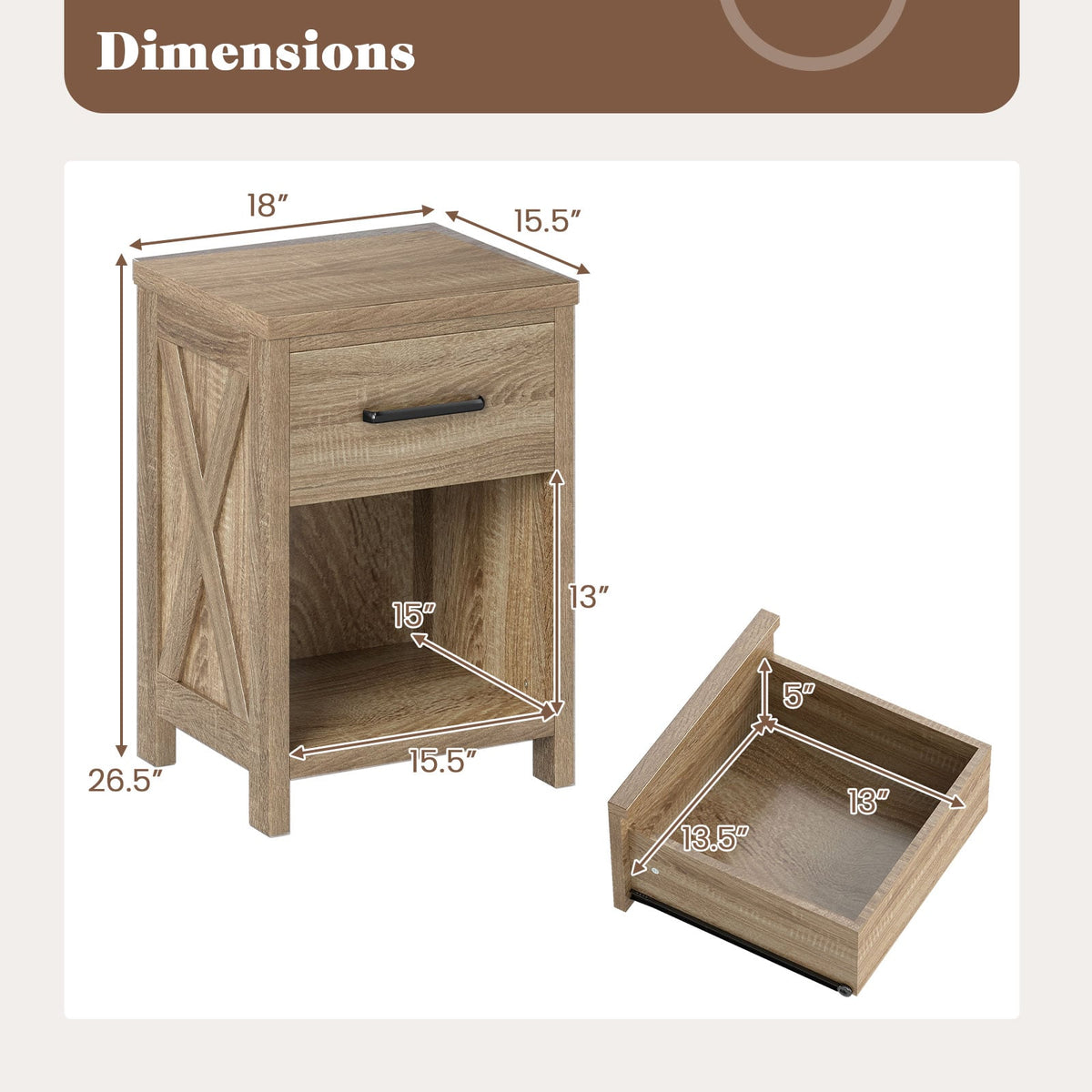 Nightstand with Drawer and Shelf-Natural-Nightstands-DECOROLALA
