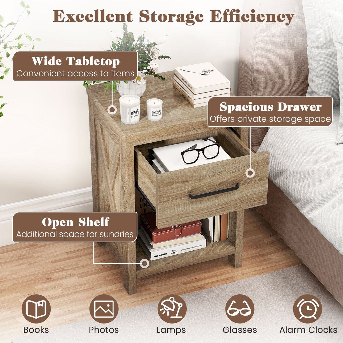 Nightstand with Drawer and Shelf-Natural-Nightstands-DECOROLALA