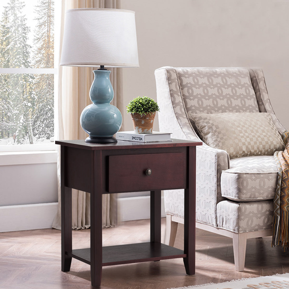 Nightstand with Drawer and Storage Shelf for Bedroom Living Room-Brown-Nightstands-DECOROLALA