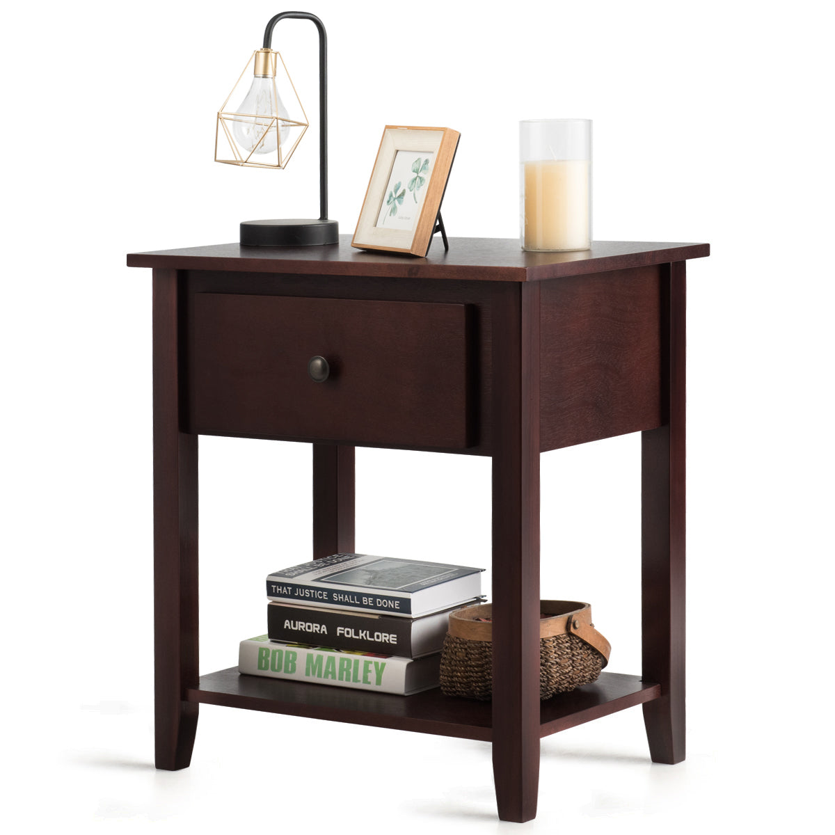 Nightstand with Drawer and Storage Shelf for Bedroom Living Room-Brown-Nightstands-DECOROLALA