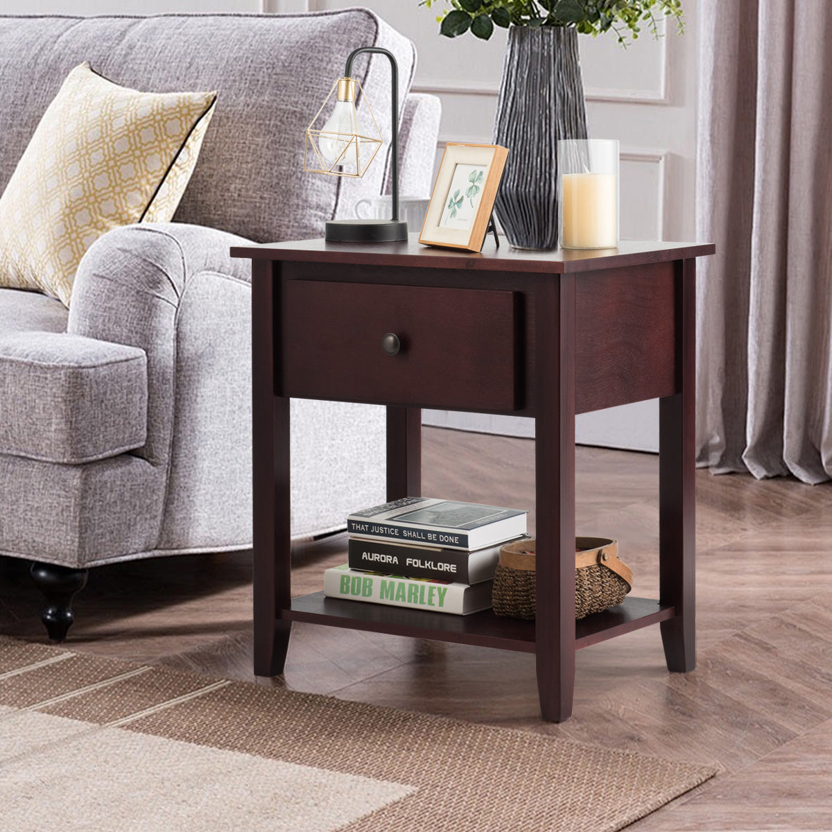 Nightstand with Drawer and Storage Shelf for Bedroom Living Room-Brown-Nightstands-DECOROLALA