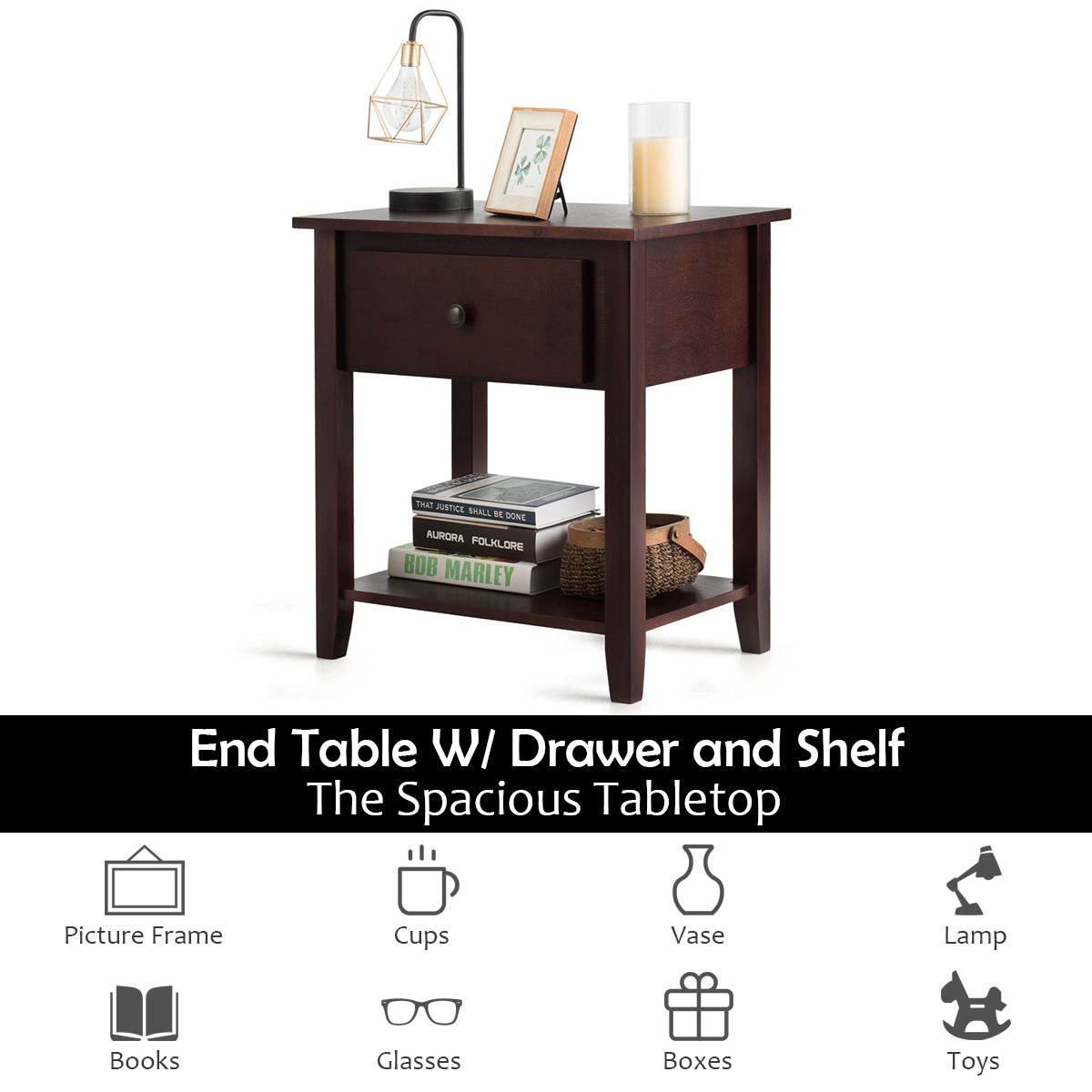 Nightstand with Drawer and Storage Shelf for Bedroom Living Room-Brown-Nightstands-DECOROLALA