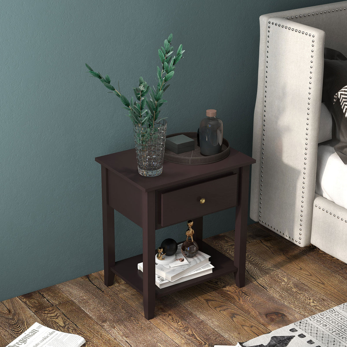Nightstand with Drawer and Storage Shelf for Bedroom Living Room-Dark Brown-Nightstands-DECOROLALA