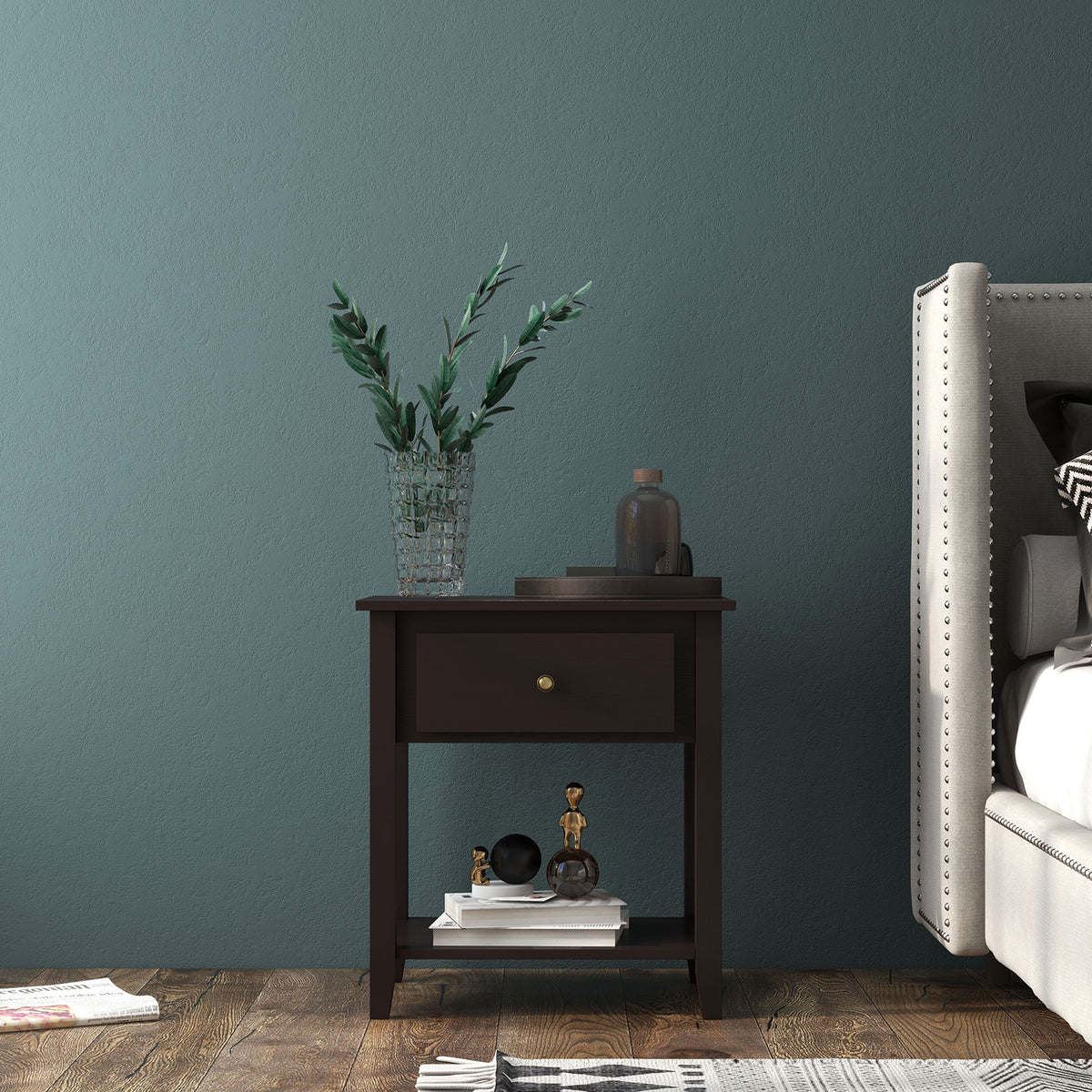 Nightstand with Drawer and Storage Shelf for Bedroom Living Room-Dark Brown-Nightstands-DECOROLALA