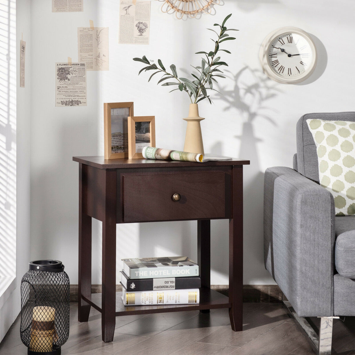 Nightstand with Drawer and Storage Shelf for Bedroom Living Room-Dark Brown-Nightstands-DECOROLALA
