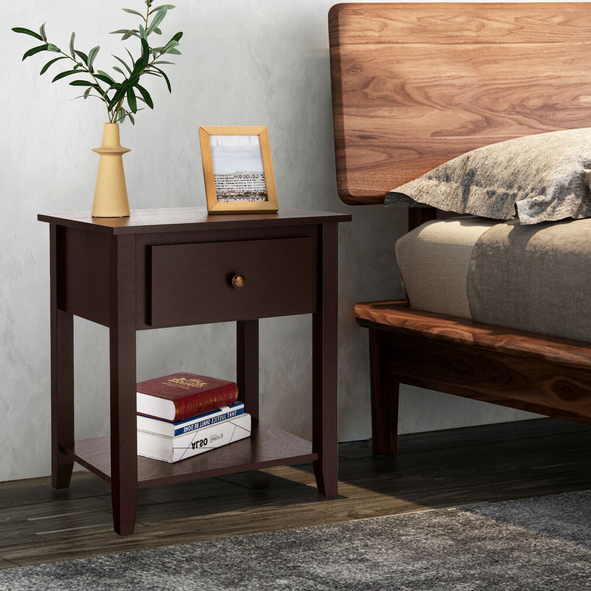 Nightstand with Drawer and Storage Shelf for Bedroom Living Room-Dark Brown-Nightstands-DECOROLALA
