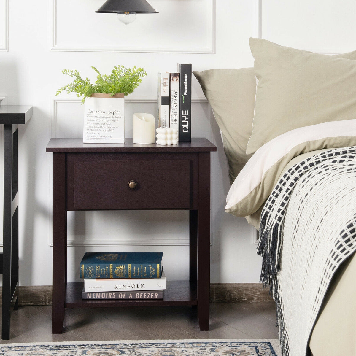 Nightstand with Drawer and Storage Shelf for Bedroom Living Room-Dark Brown-Nightstands-DECOROLALA