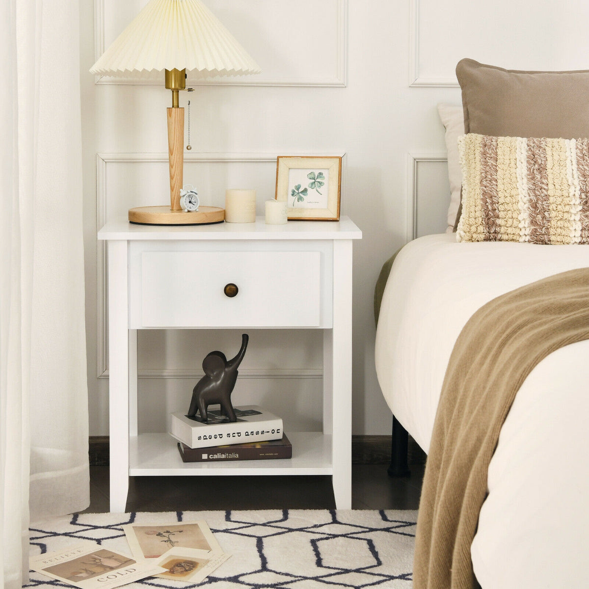 Nightstand with Drawer and Storage Shelf for Bedroom Living Room-White-Nightstands-DECOROLALA
