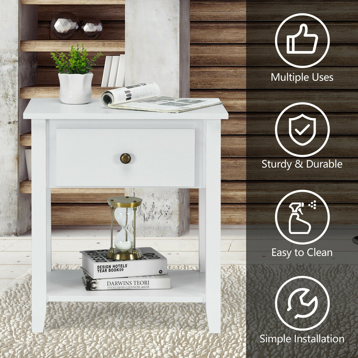Nightstand with Drawer and Storage Shelf for Bedroom Living Room-White-Nightstands-DECOROLALA