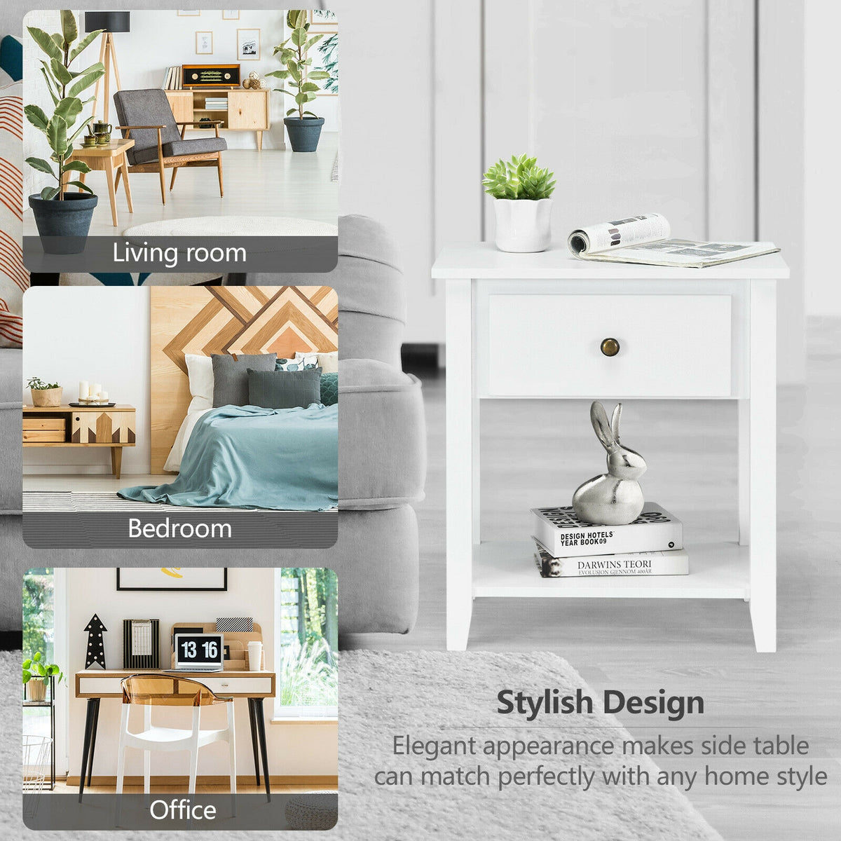 Nightstand with Drawer and Storage Shelf for Bedroom Living Room-White-Nightstands-DECOROLALA