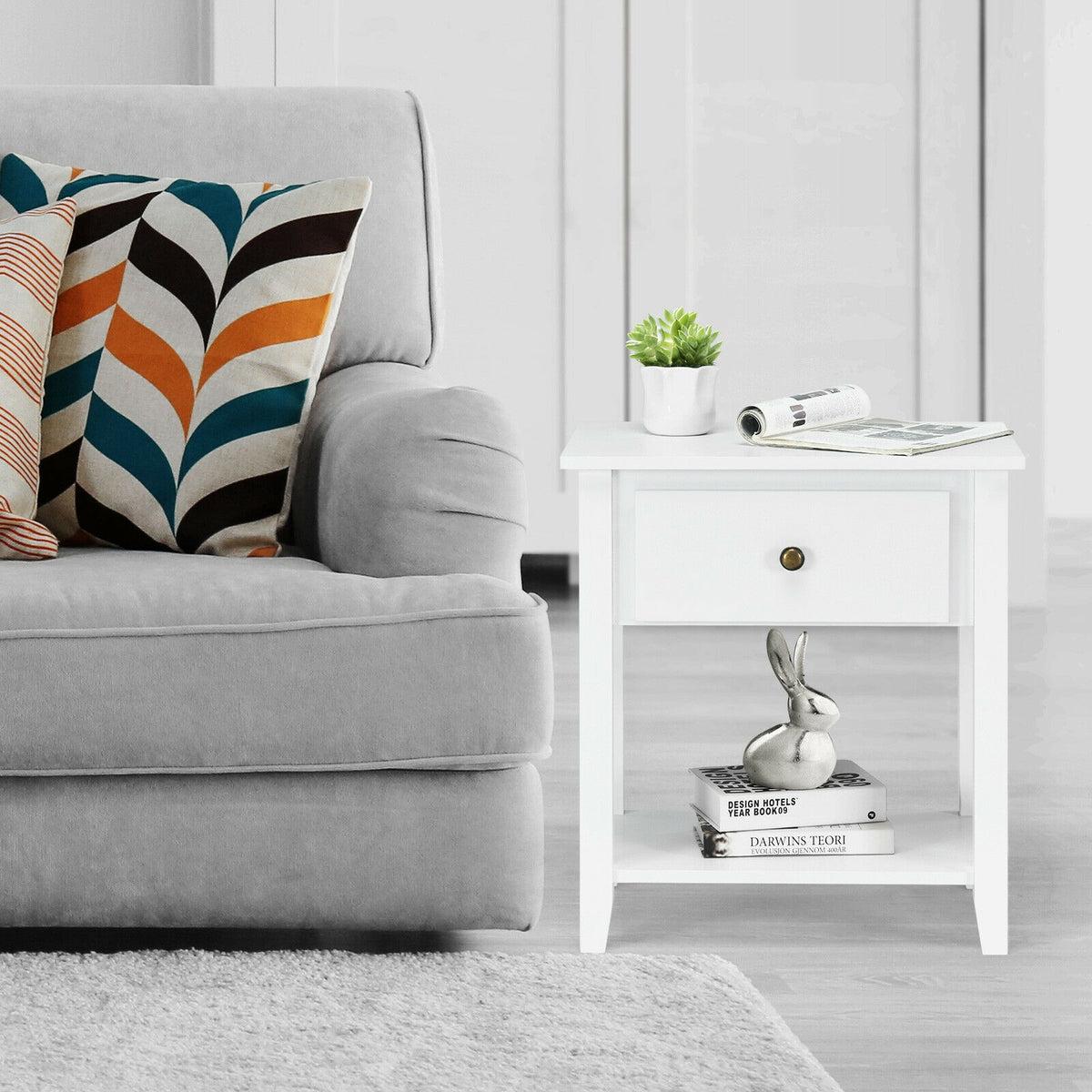 Nightstand with Drawer and Storage Shelf for Bedroom Living Room-White-Nightstands-DECOROLALA