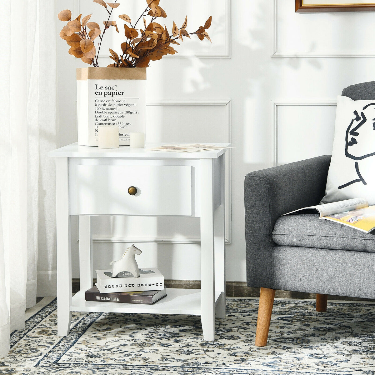 Nightstand with Drawer and Storage Shelf for Bedroom Living Room-White-Nightstands-DECOROLALA