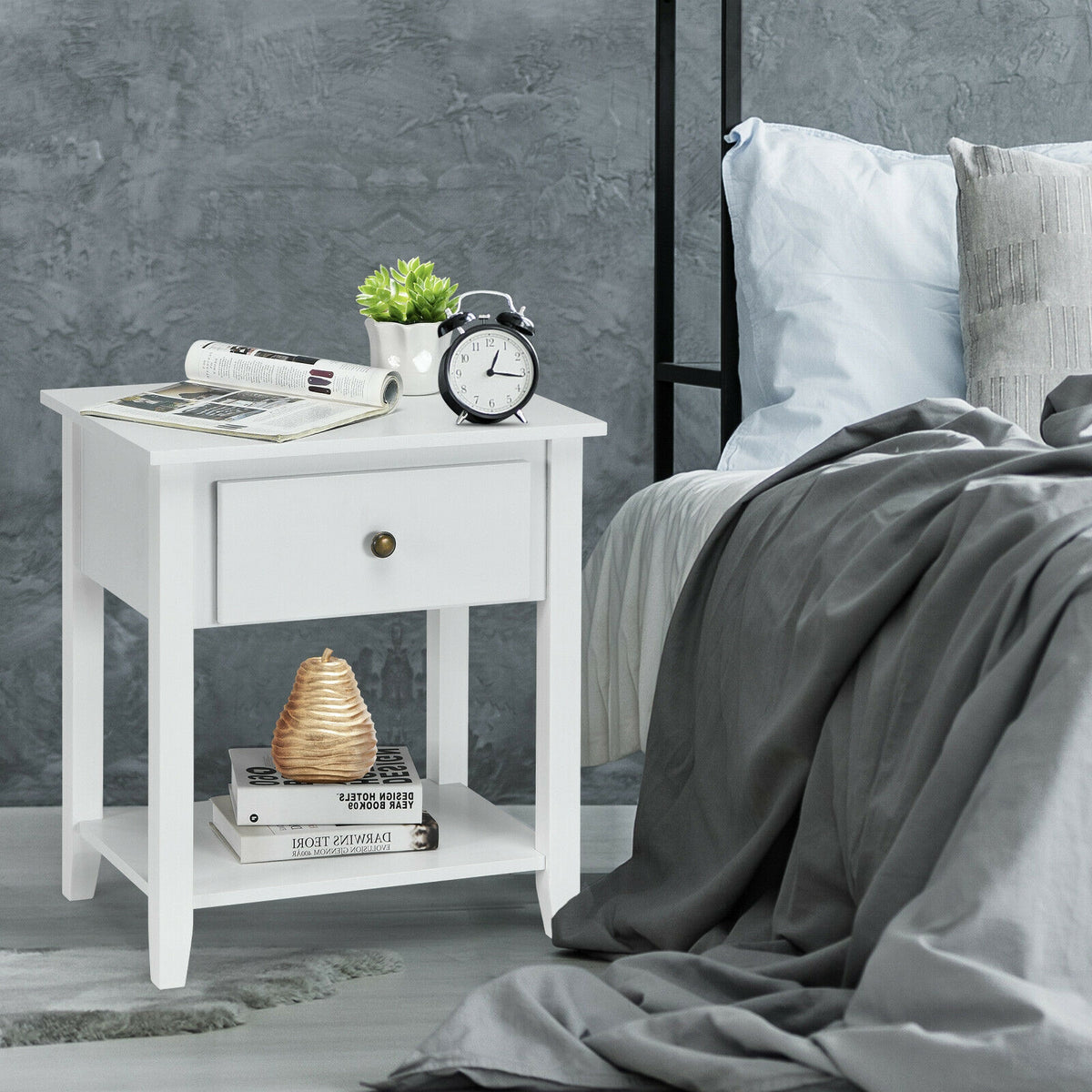 Nightstand with Drawer and Storage Shelf for Bedroom Living Room-White-Nightstands-DECOROLALA