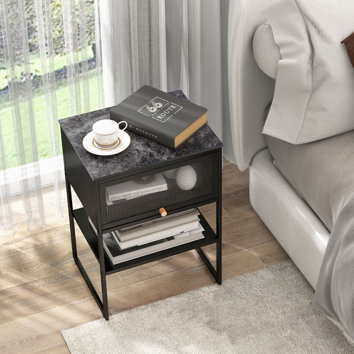 Nightstand with Flip up Door Storage Shelf-Black-Nightstands-DECOROLALA
