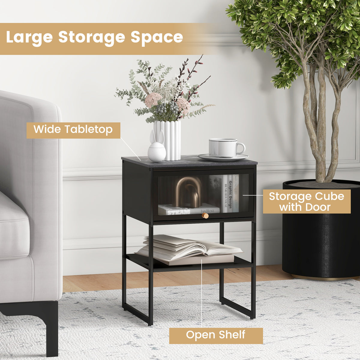 Nightstand with Flip up Door Storage Shelf-Black-Nightstands-DECOROLALA
