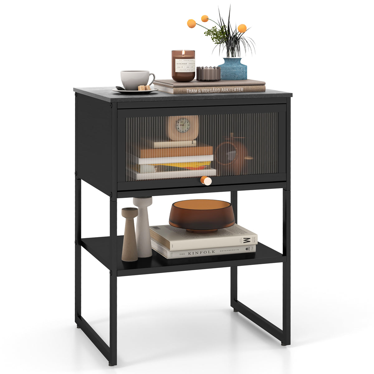 Nightstand with Flip up Door Storage Shelf-Black-Nightstands-DECOROLALA