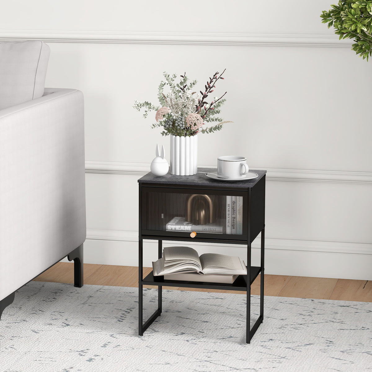 Nightstand with Flip up Door Storage Shelf-Black-Nightstands-DECOROLALA