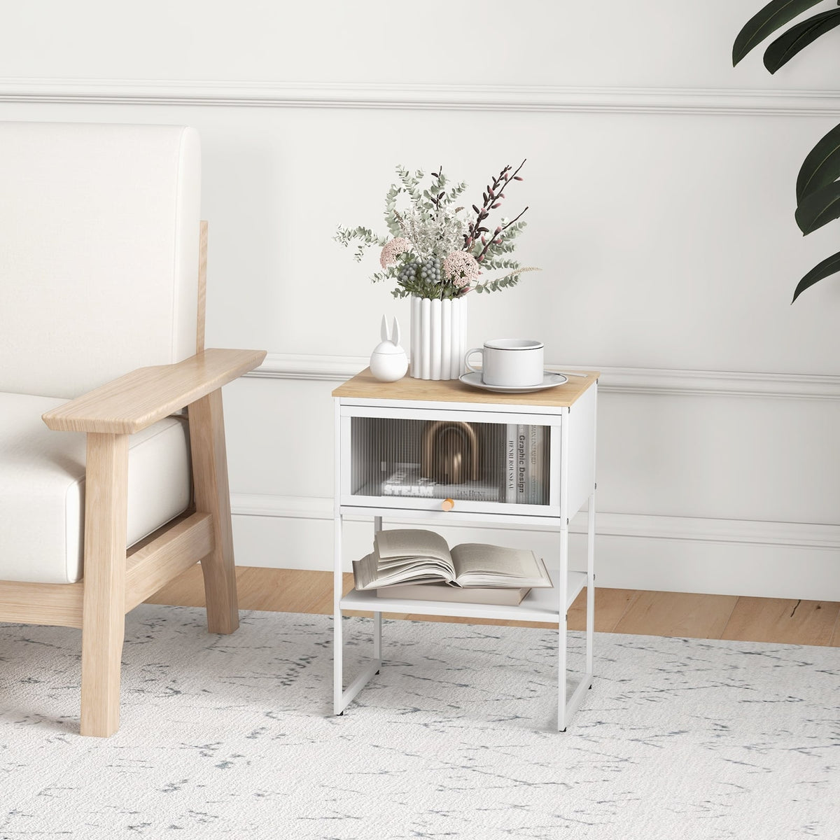 Nightstand with Flip up Door Storage Shelf-White-Nightstands-DECOROLALA