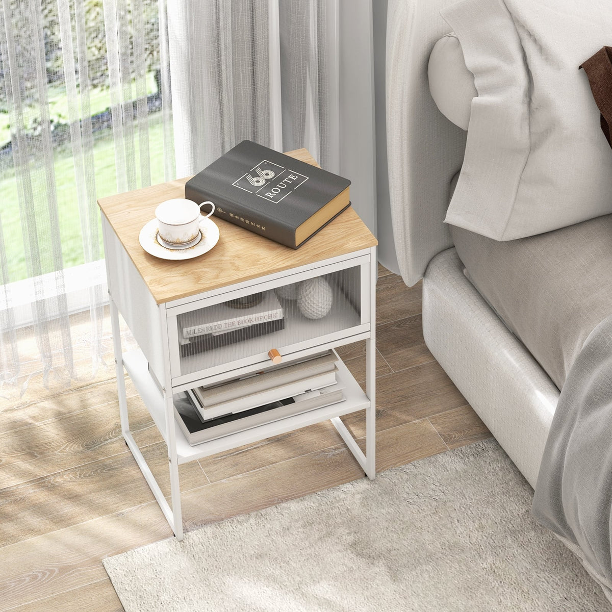 Nightstand with Flip up Door Storage Shelf-White-Nightstands-DECOROLALA