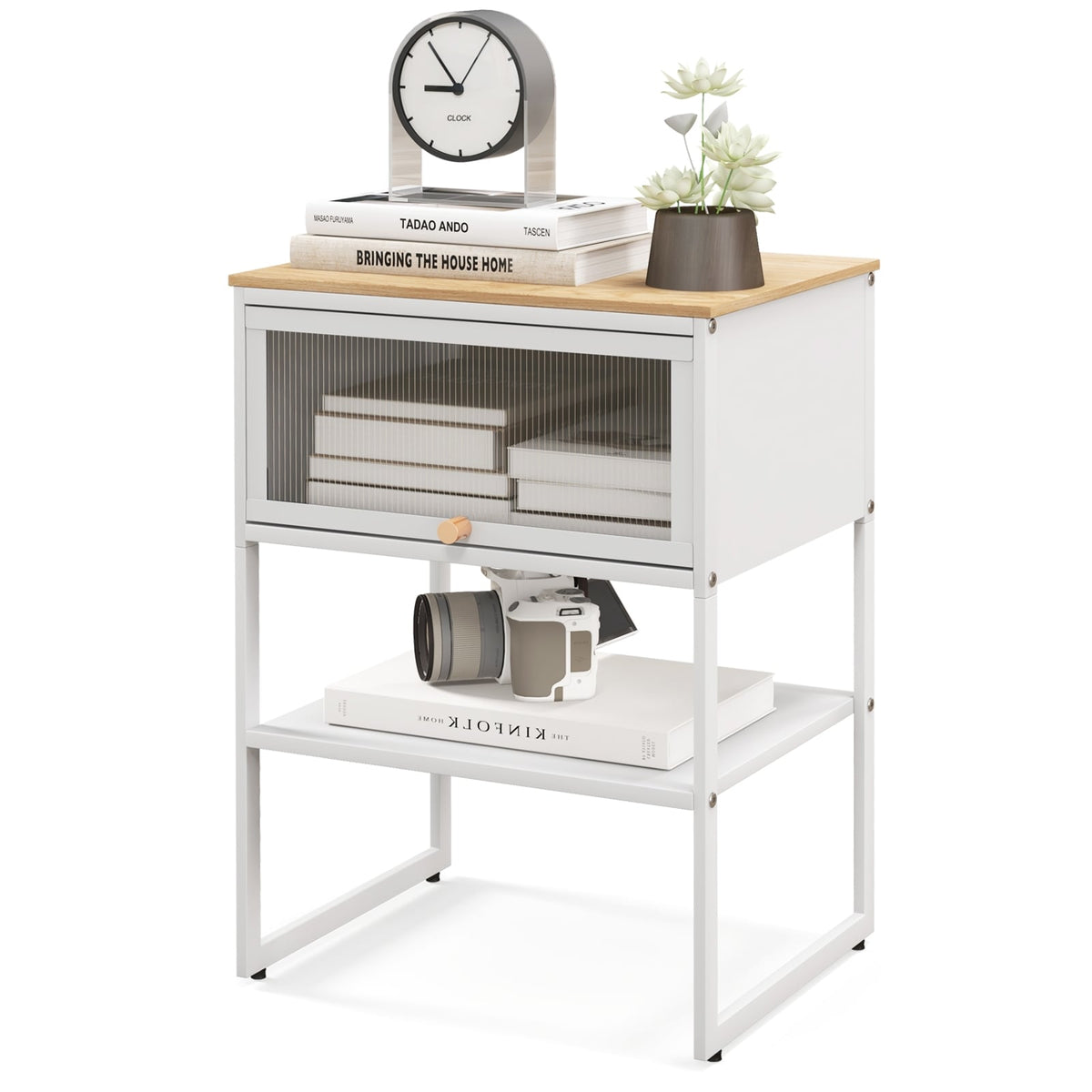 Nightstand with Flip up Door Storage Shelf-White-Nightstands-DECOROLALA