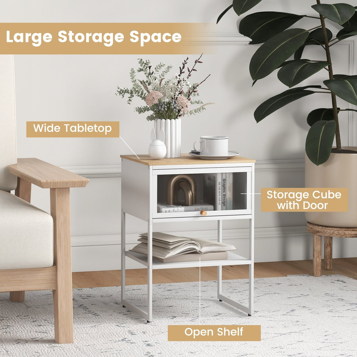 Nightstand with Flip up Door Storage Shelf-White-Nightstands-DECOROLALA