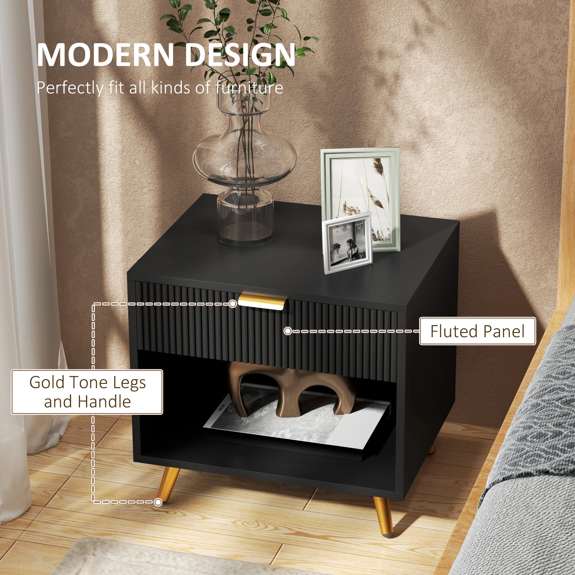 Nightstand with Fluted Panel, Bedside Table with Drawer and Open Compartment, Modern Night Table for Bedroom, Black-Home Furnishings > Bedroom Furniture > Bedside Tables-DECOROLALA