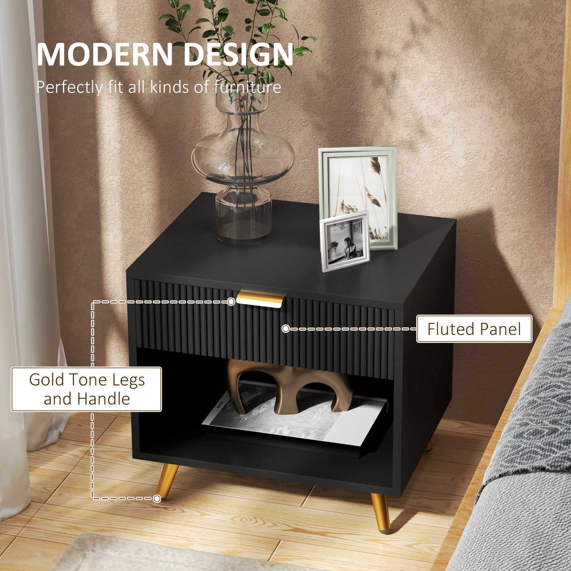 Nightstand with Fluted Panel, Bedside Table with Drawer and Open Compartment, Modern Night Table for Bedroom, Black-Home Furnishings > Bedroom Furniture > Bedside Tables-DECOROLALA