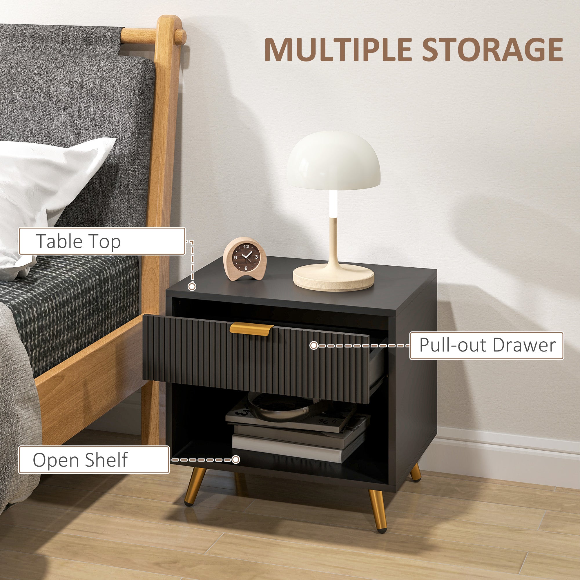 Nightstand with Fluted Panel, Bedside Table with Drawer and Open Compartment, Modern Night Table for Bedroom, Black-Home Furnishings > Bedroom Furniture > Bedside Tables-DECOROLALA