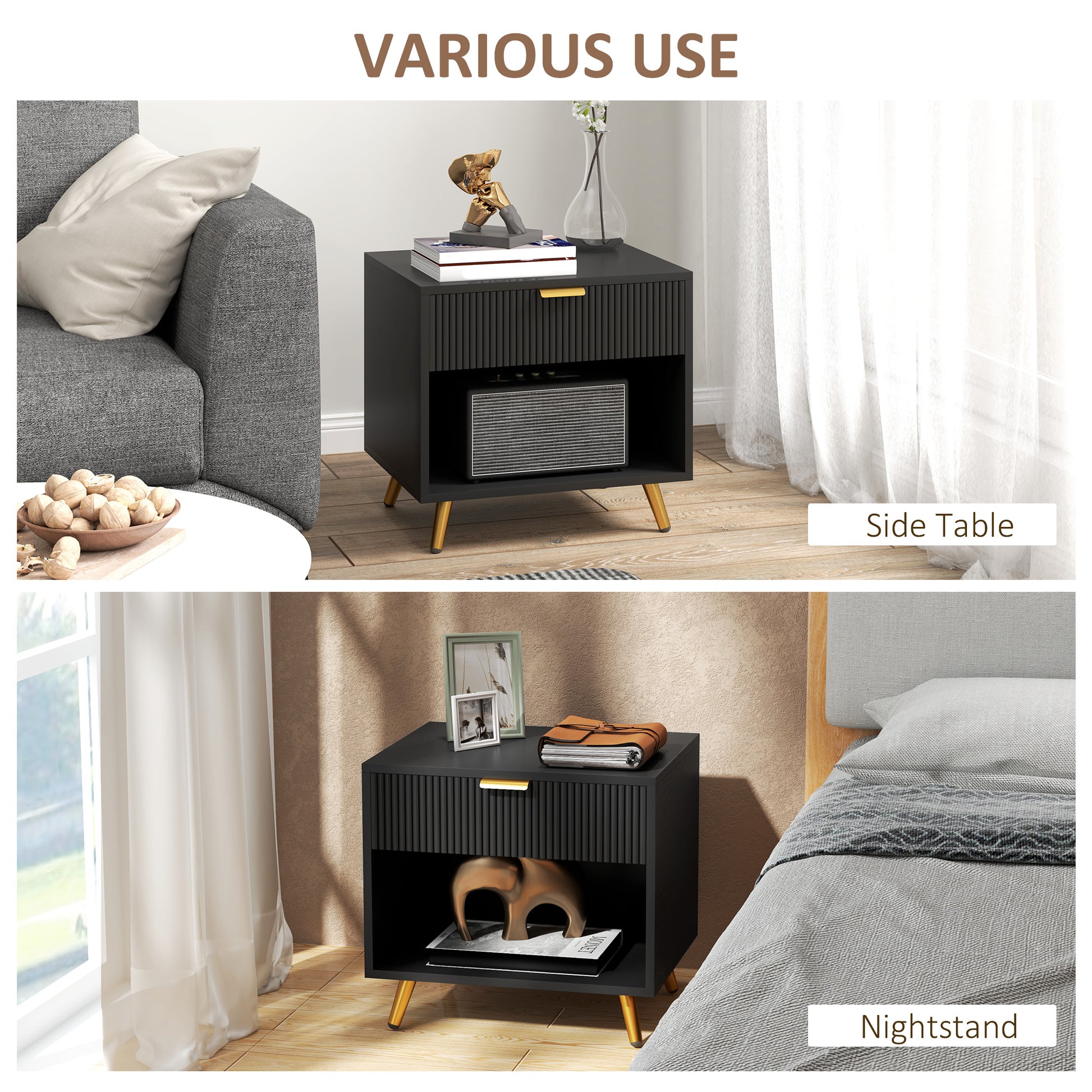 Nightstand with Fluted Panel, Bedside Table with Drawer and Open Compartment, Modern Night Table for Bedroom, Black-Home Furnishings > Bedroom Furniture > Bedside Tables-DECOROLALA