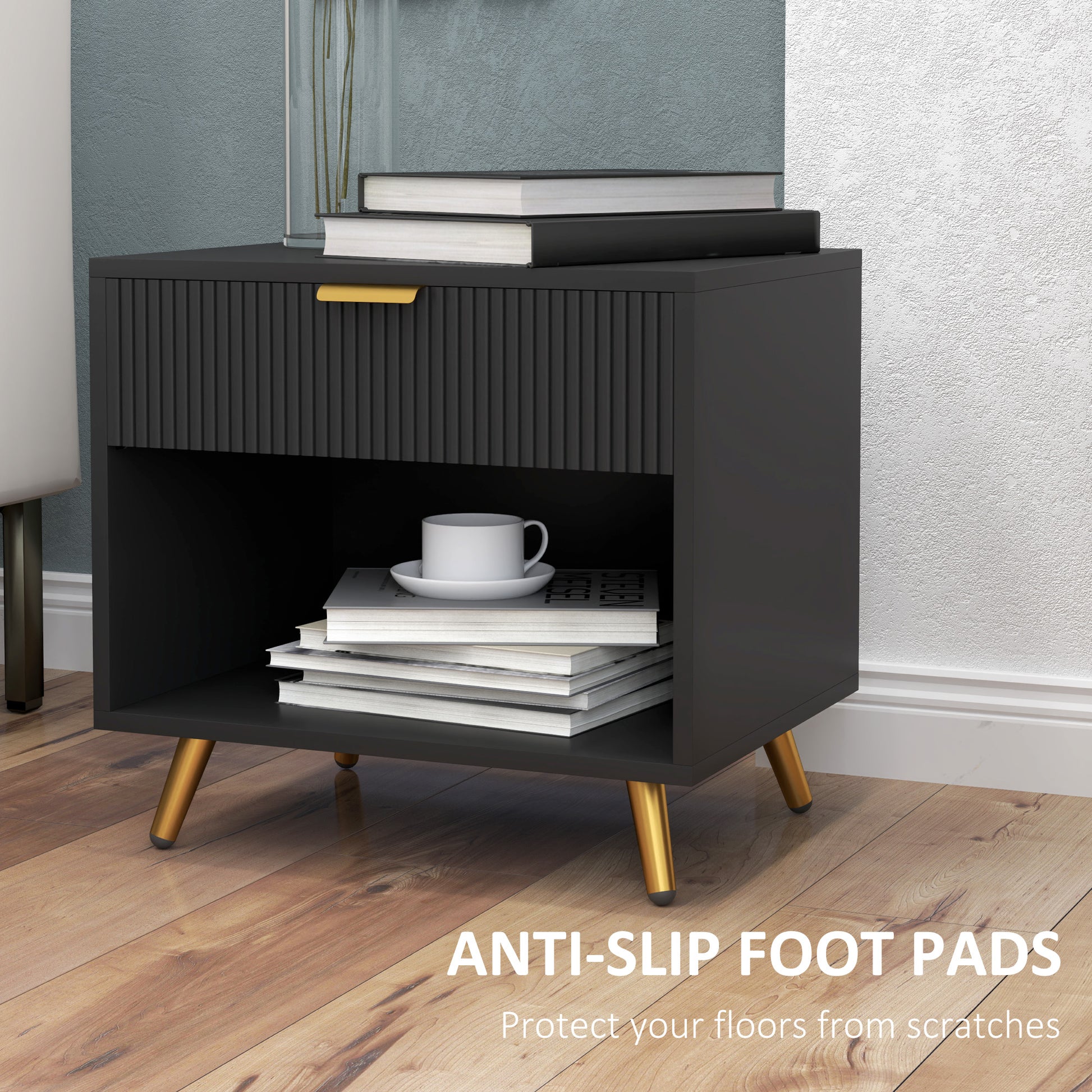 Nightstand with Fluted Panel, Bedside Table with Drawer and Open Compartment, Modern Night Table for Bedroom, Black-Home Furnishings > Bedroom Furniture > Bedside Tables-DECOROLALA