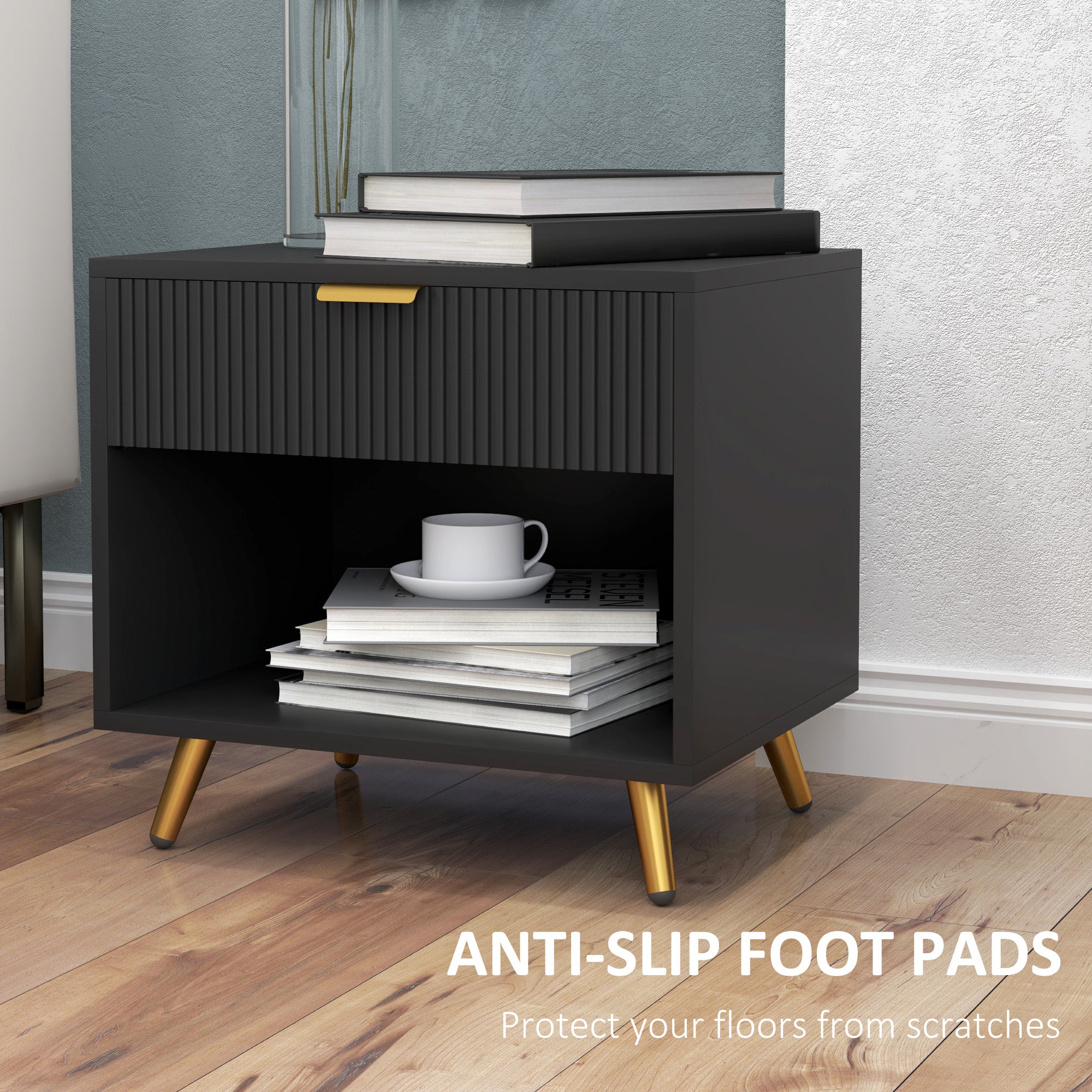 Nightstand with Fluted Panel, Bedside Table with Drawer and Open Compartment, Modern Night Table for Bedroom, Black-Home Furnishings > Bedroom Furniture > Bedside Tables-DECOROLALA