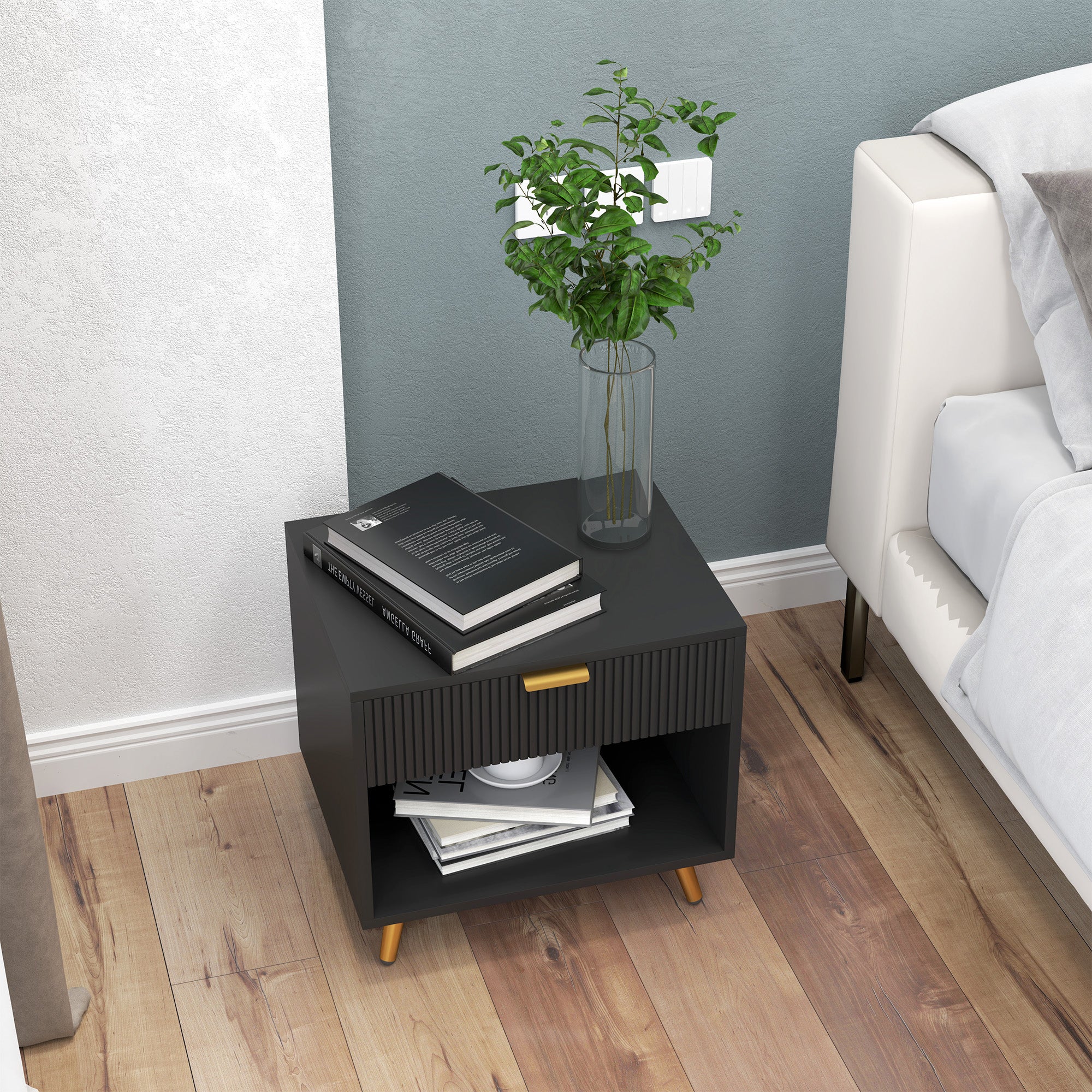 Nightstand with Fluted Panel, Bedside Table with Drawer and Open Compartment, Modern Night Table for Bedroom, Black-Home Furnishings > Bedroom Furniture > Bedside Tables-DECOROLALA