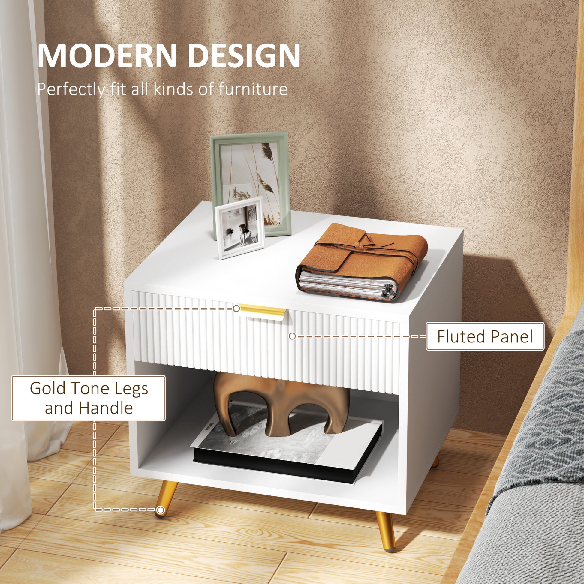 Nightstand with Fluted Panel, Bedside Table with Drawer and Open Compartment, Modern Night Table for Bedroom, White-Home Furnishings > Bedroom Furniture > Bedside Tables-DECOROLALA
