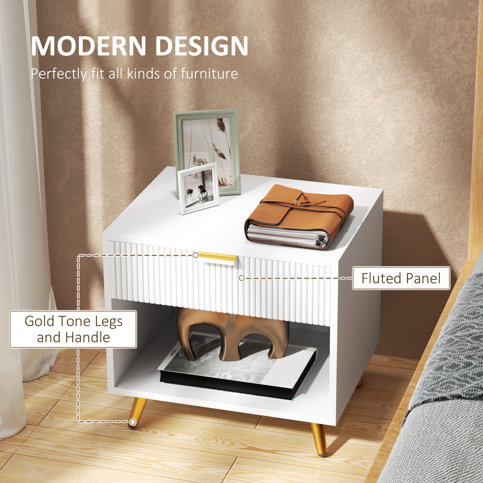 Nightstand with Fluted Panel, Bedside Table with Drawer and Open Compartment, Modern Night Table for Bedroom, White-Home Furnishings > Bedroom Furniture > Bedside Tables-DECOROLALA