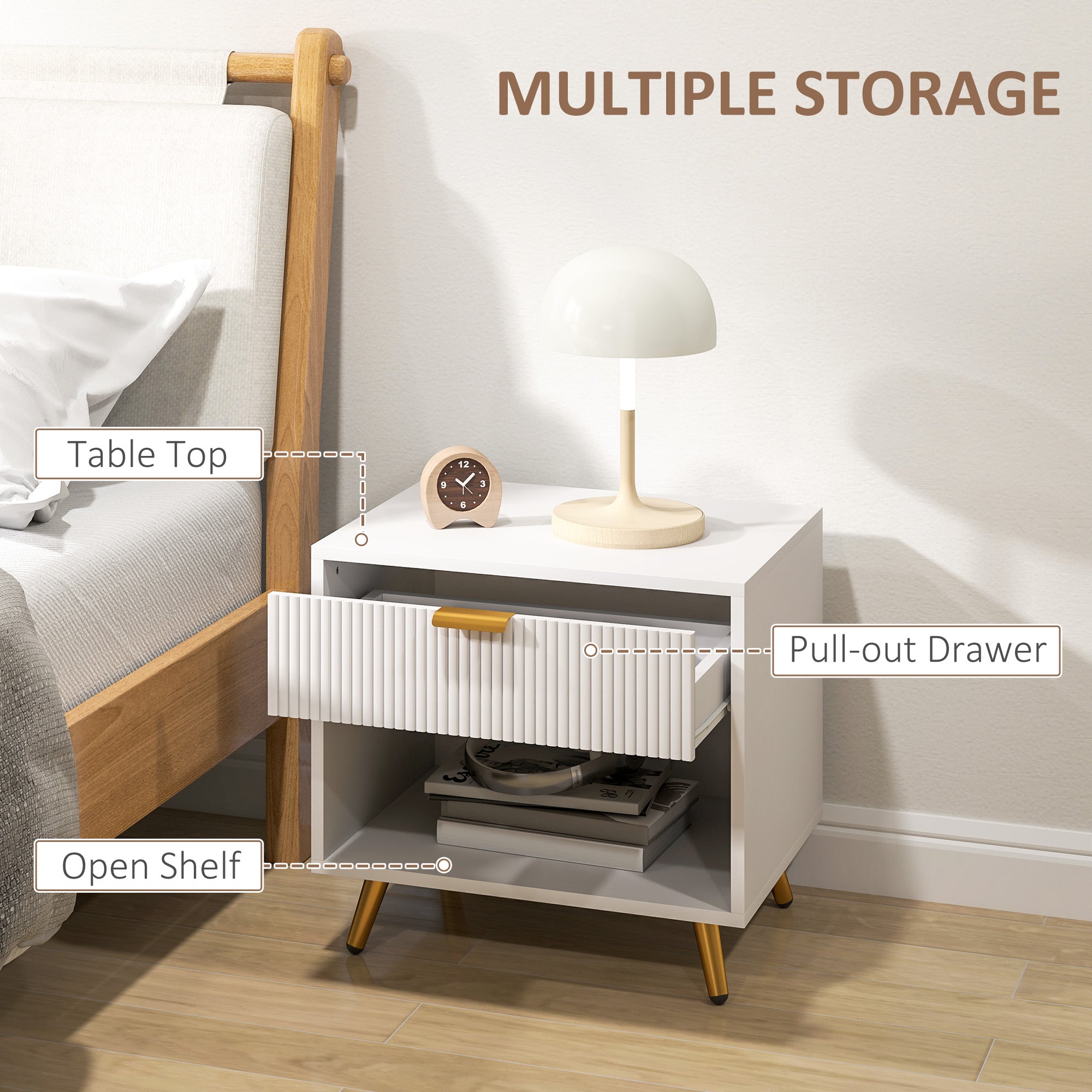 Nightstand with Fluted Panel, Bedside Table with Drawer and Open Compartment, Modern Night Table for Bedroom, White-Home Furnishings > Bedroom Furniture > Bedside Tables-DECOROLALA