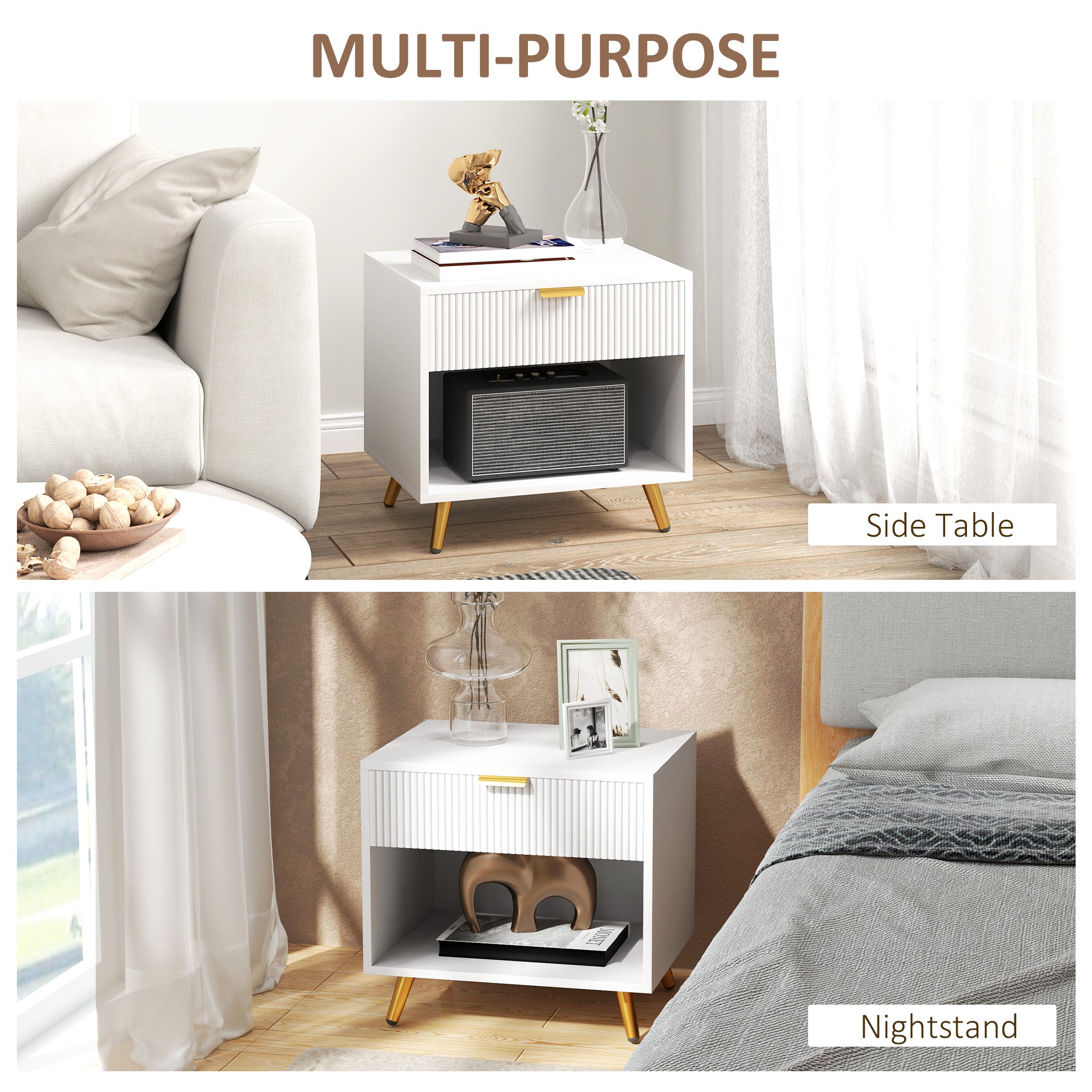 Nightstand with Fluted Panel, Bedside Table with Drawer and Open Compartment, Modern Night Table for Bedroom, White-Home Furnishings > Bedroom Furniture > Bedside Tables-DECOROLALA