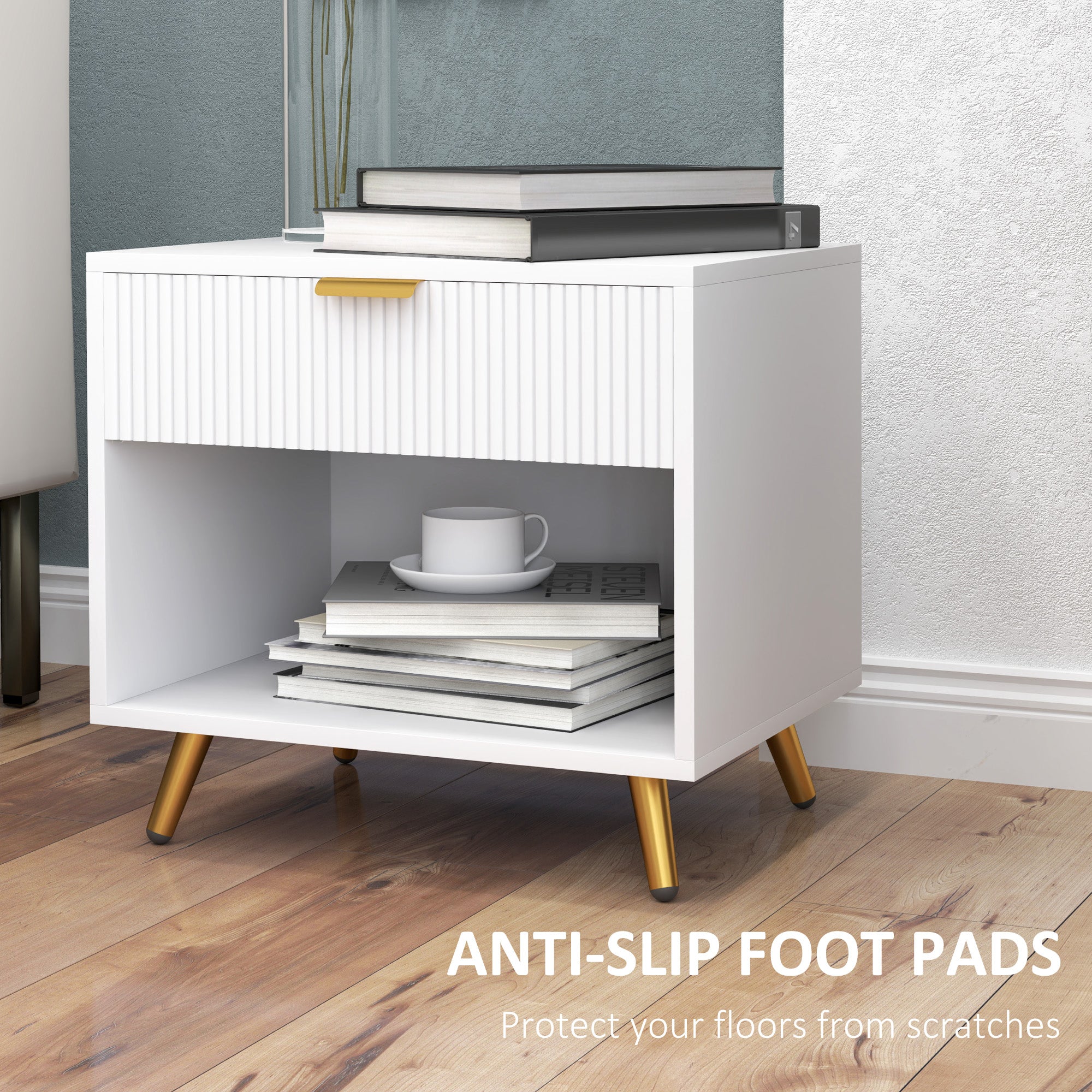 Nightstand with Fluted Panel, Bedside Table with Drawer and Open Compartment, Modern Night Table for Bedroom, White-Home Furnishings > Bedroom Furniture > Bedside Tables-DECOROLALA