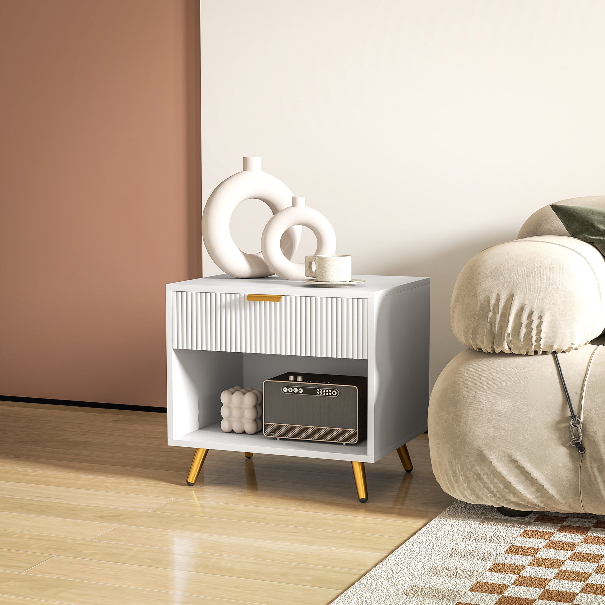 Nightstand with Fluted Panel, Bedside Table with Drawer and Open Compartment, Modern Night Table for Bedroom, White-Home Furnishings > Bedroom Furniture > Bedside Tables-DECOROLALA