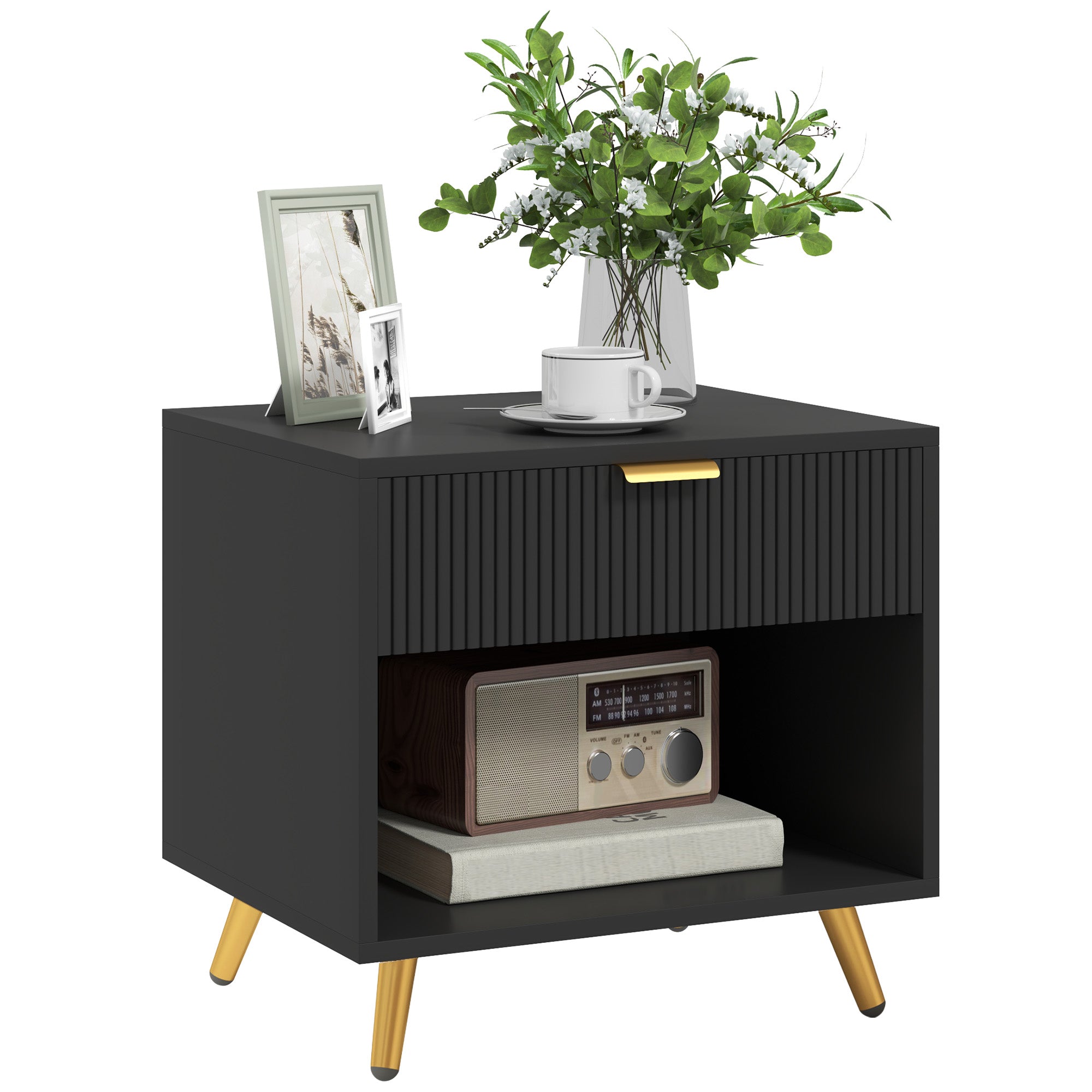 Nightstand with Fluted Panel and Drawer - Black 19.7" W-Home Furnishings > Bedroom Furniture > Bedside Tables-DECOROLALA