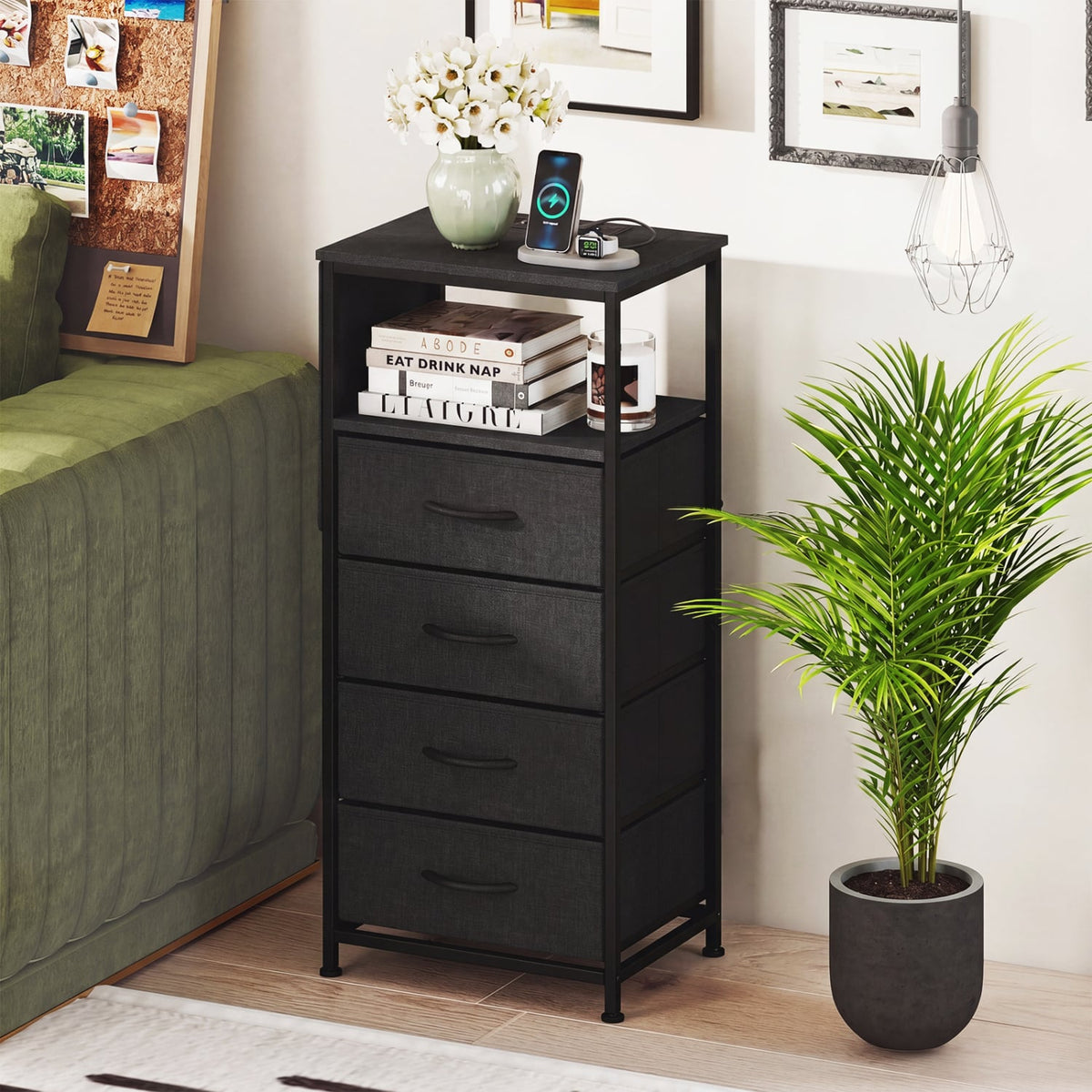 Nightstand with Integrated Charging Station 34" Modern Bedside Table-Black-Nightstands-DECOROLALA